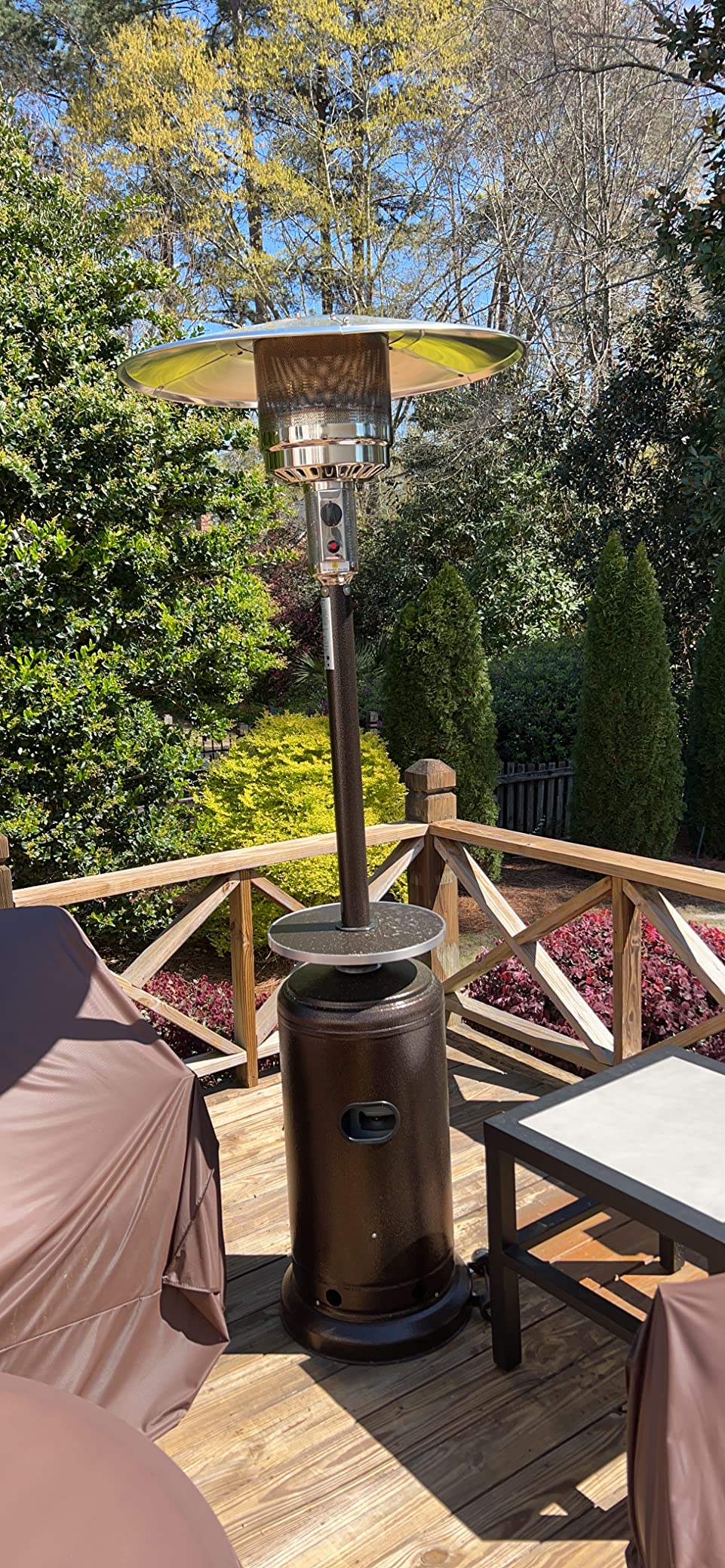 AZ Patio Outdoor Propane Gas Patio Heater, 48K BTU's, Open Door Design, Adjustable Table, Single pole, CSA approved, Hammered Bronze Finish - Customer Photo 1