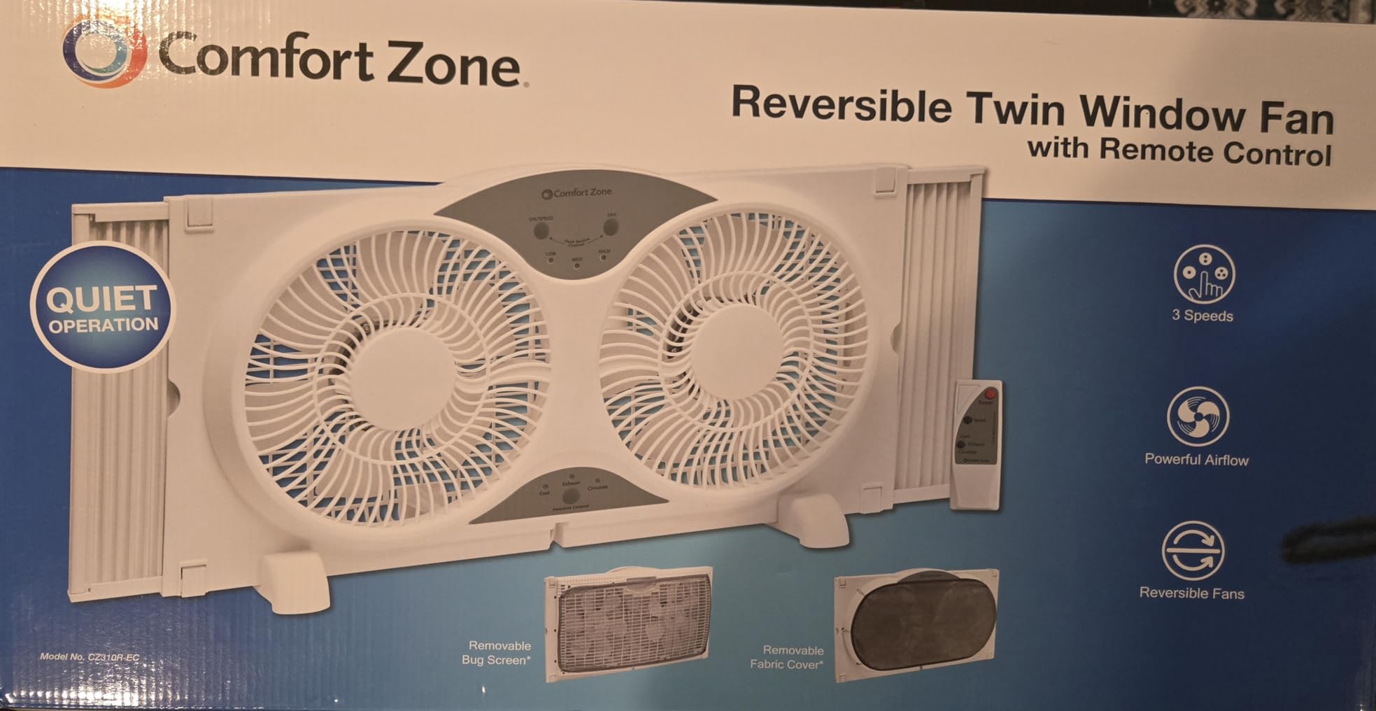 Comfort Zone Twin Window Fan with Reversible Airflow Control, 9 inch, Auto-Locking Expanders, 2 Speed Fan, Dual Fan, Exhaust, Airflow 9.84 ft/sec, Ideal for Home, Kitchen, Bedroom & Office, CZ319WT Customer Review Comfort Zone Twin Window Fan with Reversible Airflow Control, 9 inch, Auto-Locking Expanders, 2 Speed Fan, Dual Fan, Exhaust, Airflow 9.84 ft/sec, Ideal for Home, Kitchen, Bedroom & Office, CZ319WT - Customer Photo 2