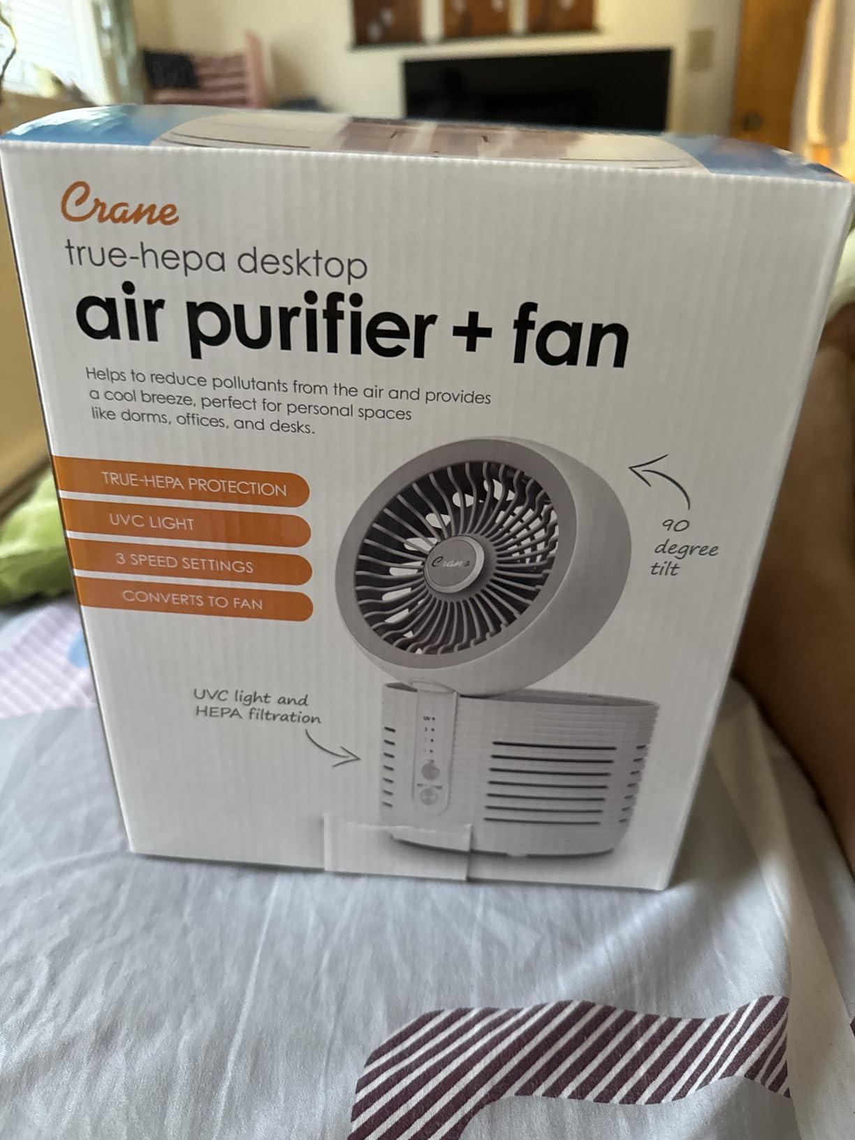 Crane 2-in-1 Air Purifier and Desk Fan Combo - Ideal for Office, Night Stand, Dorm, or Small Bedroom - HEPA Filter - Customer Photo 1