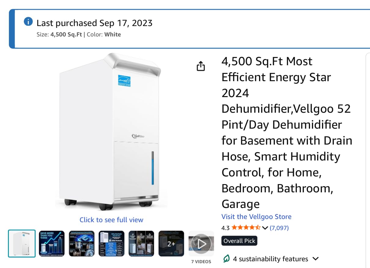 4,500 Sq.Ft Most Efficient Energy Star 2024 Dehumidifier,Vellgoo 52 Pint/Day Dehumidifier for Basement with Drain Hose, Smart Humidity Control, for Home, Bedroom, Bathroom, Garage Customer Review 4,500 Sq.Ft Most Efficient Energy Star 2024 Dehumidifier,Vellgoo 52 Pint/Day Dehumidifier for Basement with Drain Hose, Smart Humidity Control, for Home, Bedroom, Bathroom, Garage - Customer Photo 1