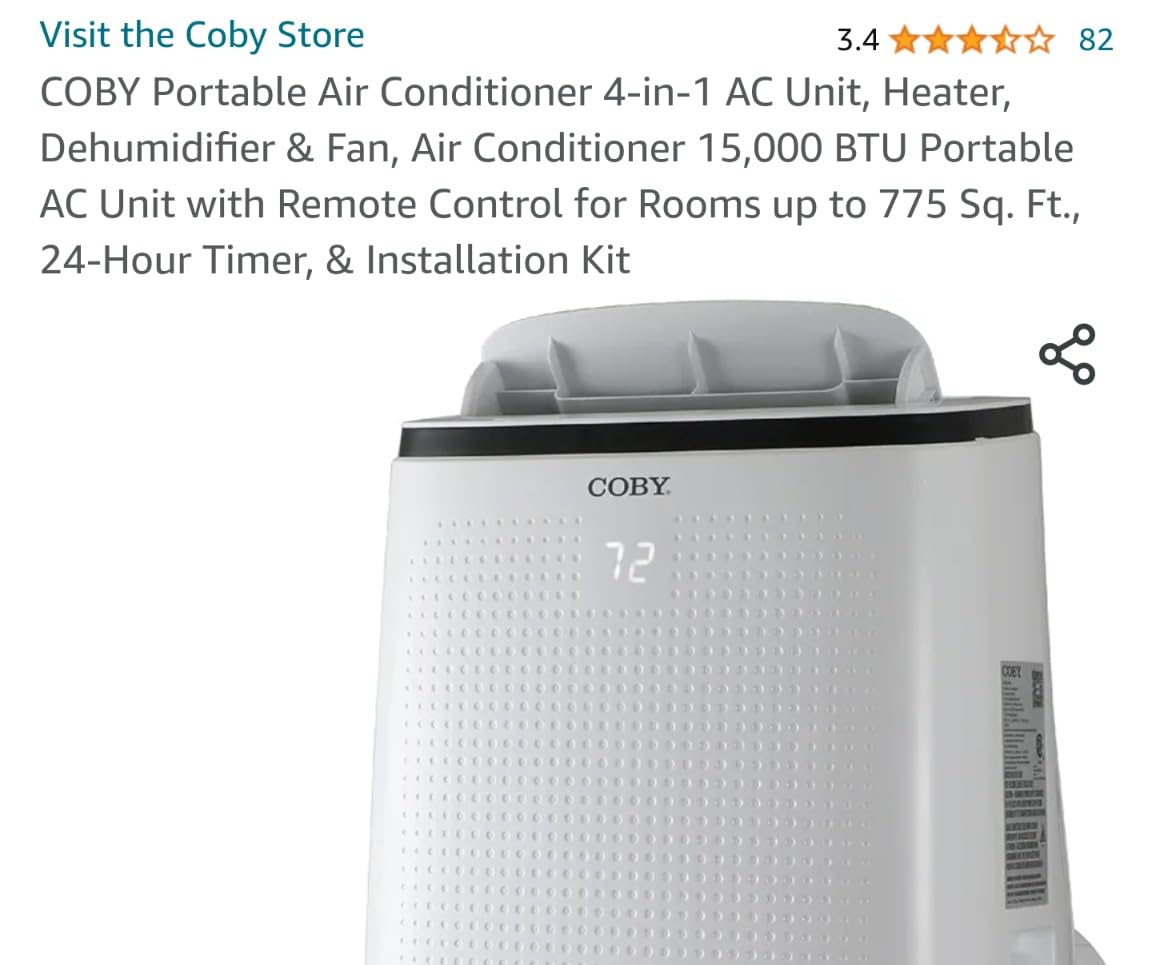 COBY Portable Air Conditioner 4-in-1 AC Unit, Heater, Dehumidifier & Fan, Air Conditioner 15,000 BTU Portable AC Unit with Remote Control for Rooms up to 775 Sq. Ft., 24-Hour Timer, & Installation Kit Customer Review COBY Portable Air Conditioner 4-in-1 AC Unit, Heater, Dehumidifier & Fan, Air Conditioner 15,000 BTU Portable AC Unit with Remote Control for Rooms up to 775 Sq. Ft., 24-Hour Timer, & Installation Kit - Customer Photo 2
