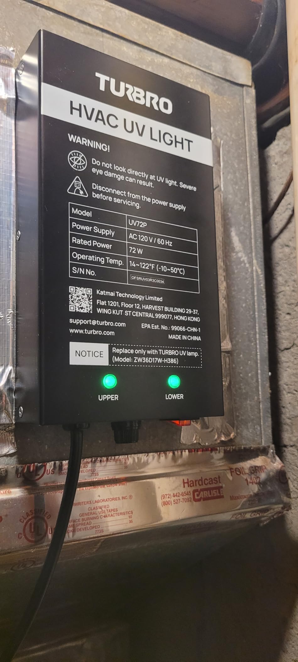 TURBRO AC 120V 36W HVAC UV Light Kit Air Purifier, Comes with a 4-Pin 2G11 Base Lamp, Installation Template, and Ballast, for Cleaning Air and Ducted AC Systems, 15.2 in Long Lamp, UV36P - Customer Photo 1