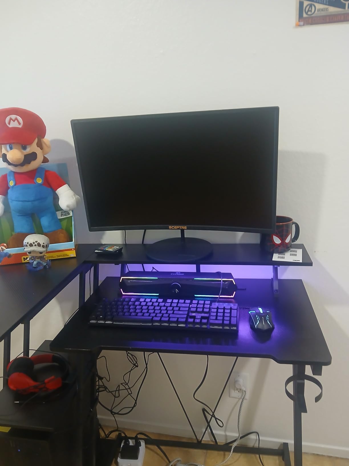 40 Inch Gaming Desk with Power Outlet & LED Lights, L Shaped Computer Gaming Table with 3 Tiers Storage Shelves, Corner Gamer Desk with Monitor Stand for Small Space, Carbon Fiber Black Customer Review 40 Inch Gaming Desk with Power Outlet & LED Lights, L Shaped Computer Gaming Table with 3 Tiers Storage Shelves, Corner Gamer Desk with Monitor Stand for Small Space, Carbon Fiber Black - Customer Photo 1
