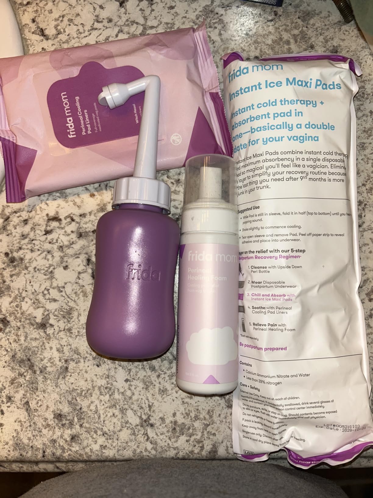 Frida Mom 11pc Postpartum Essentials Kit Gift Set, Hospital Bag Must Haves for New Mom, Includes 4 Disposable Postpartum Underwear, 4 Ice Maxi Pads, Perineal Healing Foam & 24 Pad Liners & Peri Bottle - Customer Photo 1