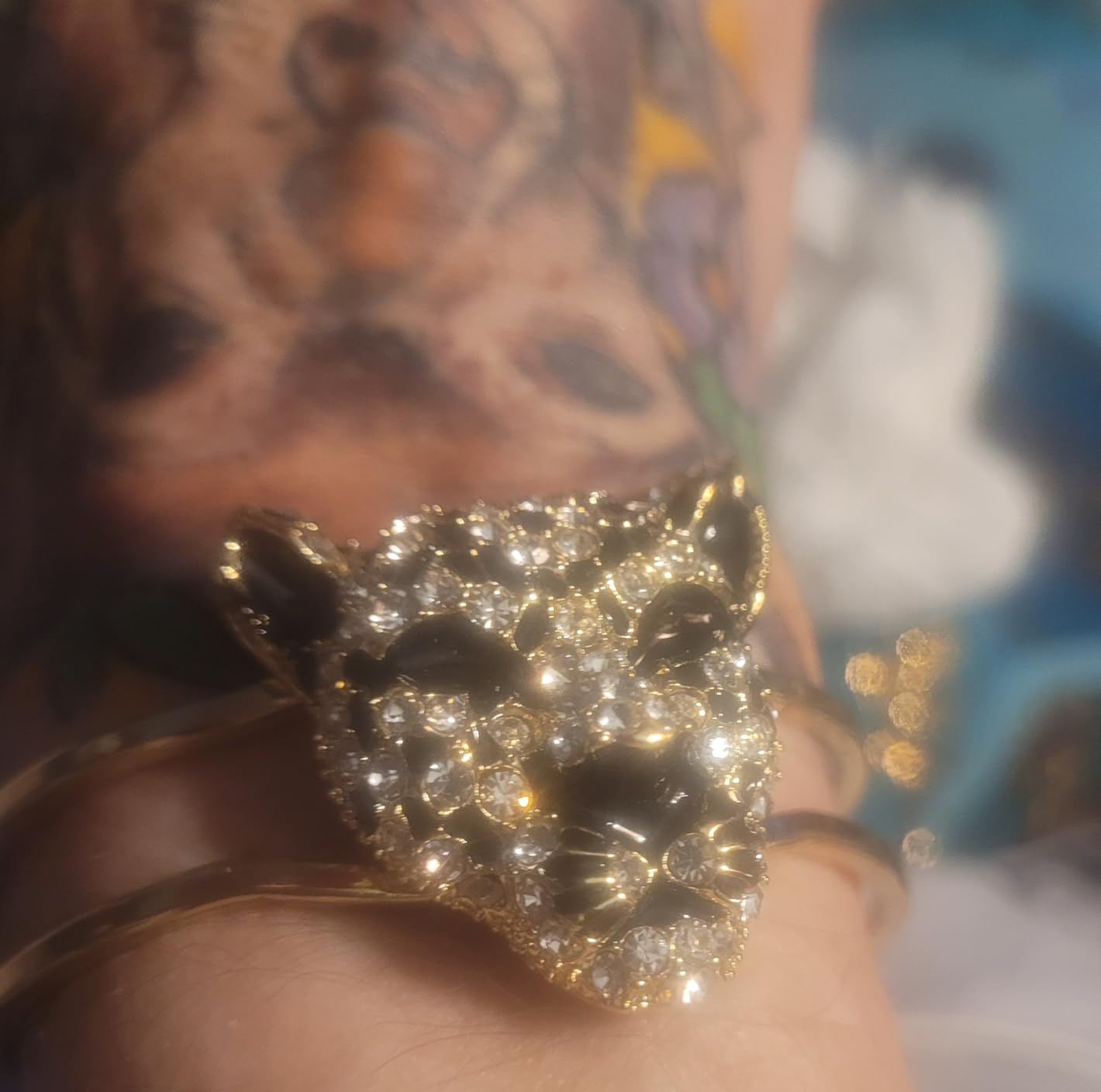 Golden Tone Sparkly Clear Crystal Rhinestones Black Enamel Cheetah Leopard Jaguar Head Bangle Bracelet customer photo 1