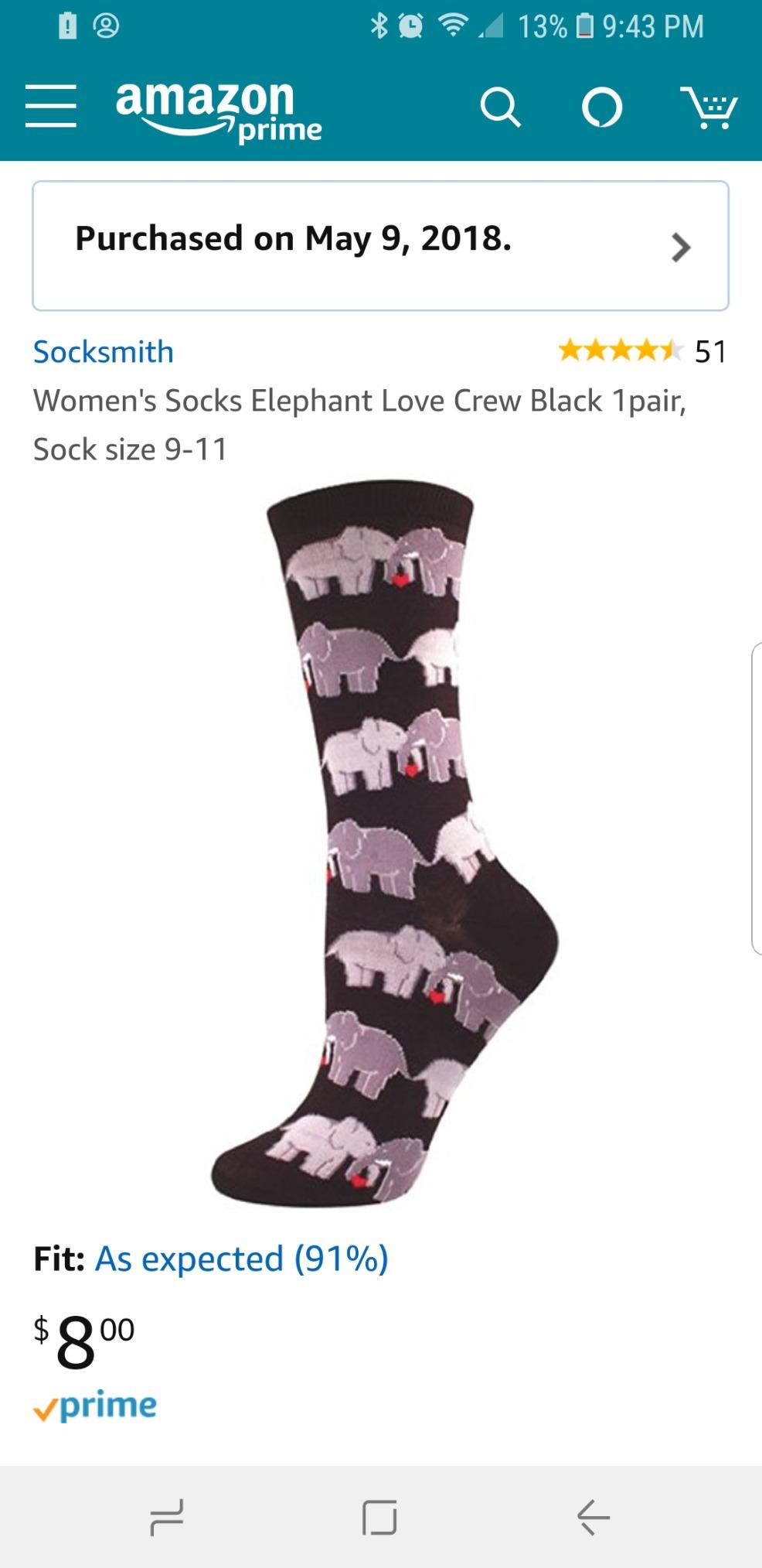 Socksmith Elephant Love Socks Black Size 9-11, 1 EA customer photo 2