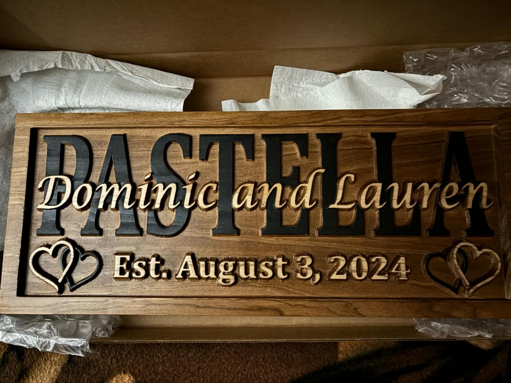 3D Wood Carved Personalized Wedding Gift Last Name Established Sign | Custom Wood Sign, Carved 3D Hearts, Family Name Signs, 5 Year Anniversary customer photo 1