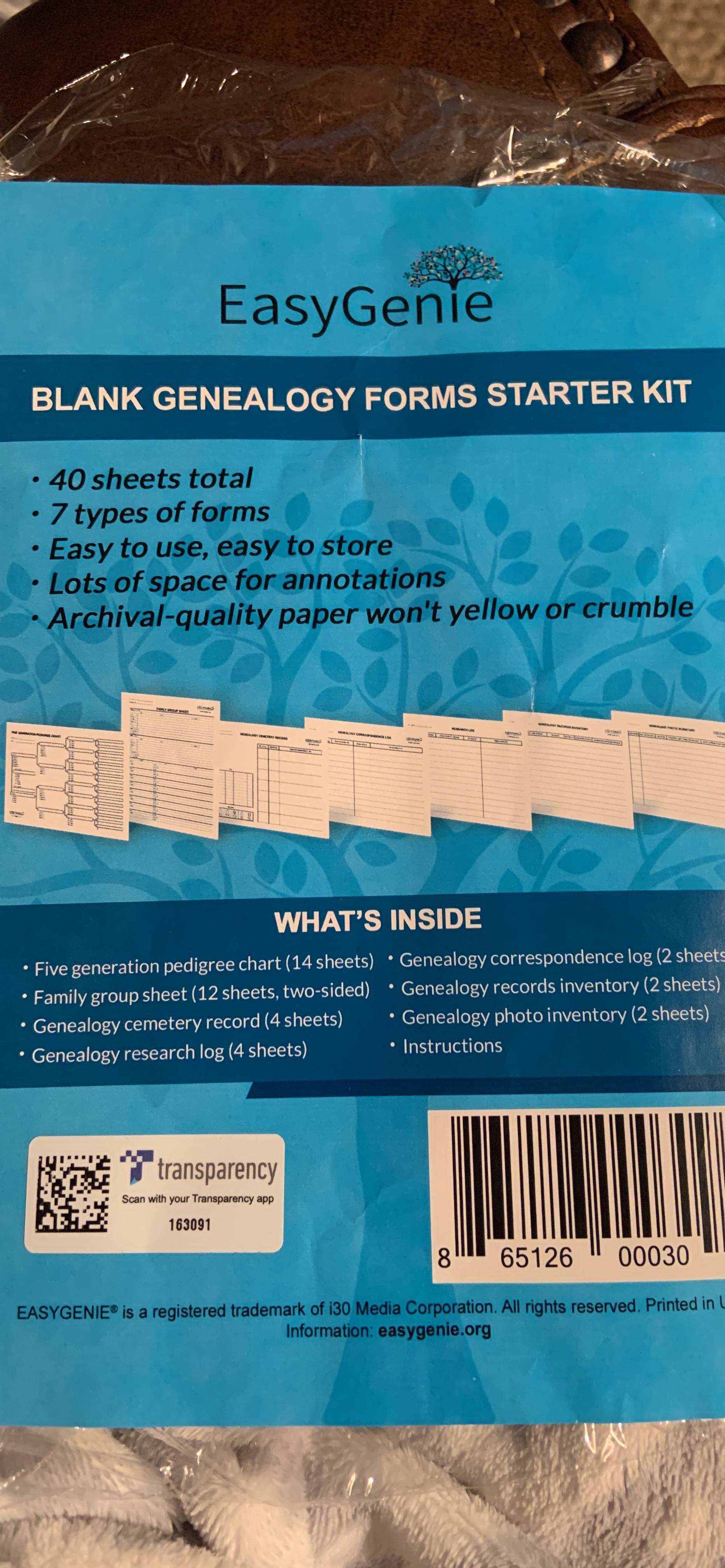 Blank Genealogy Forms Starter Kit (7 types/40 sheets) by EasyGenie | Seven genealogy form types in one kit, including pedigree charts and family group sheets, from any research source customer photo 1