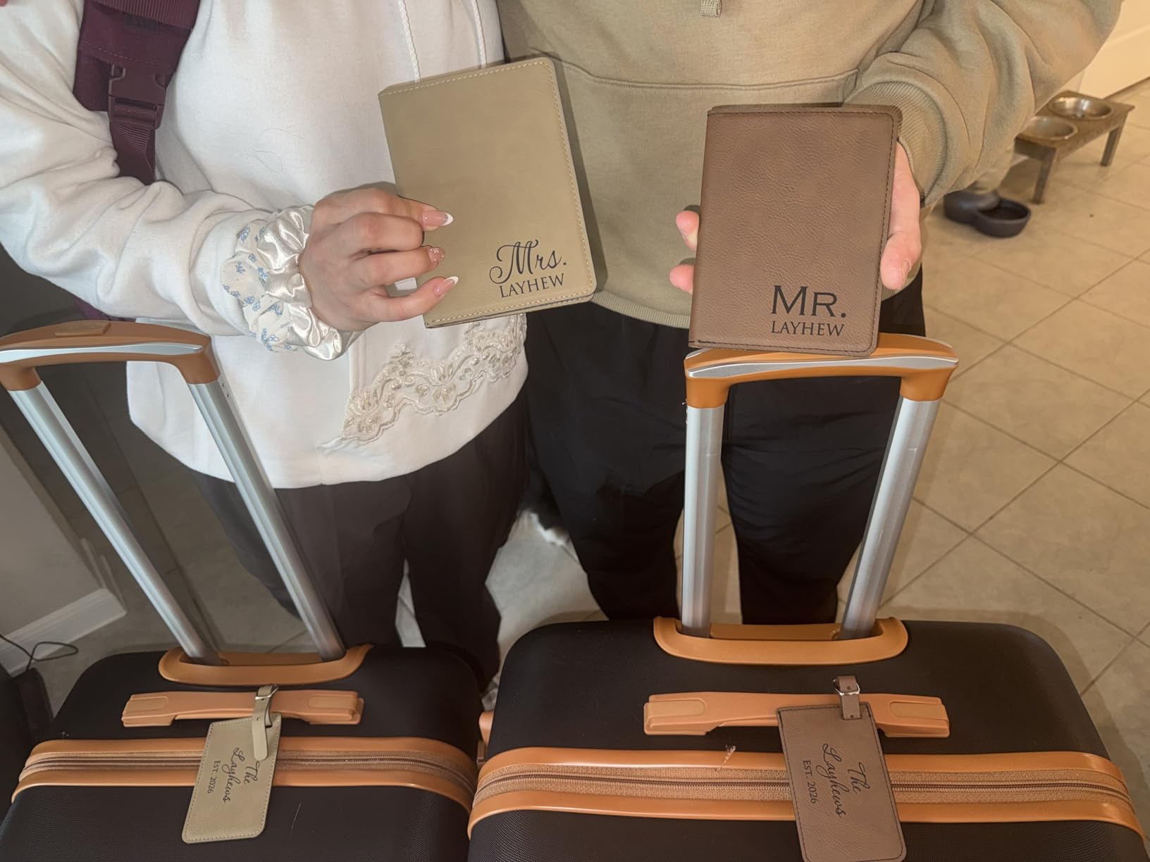 Anniversary Luggage Tags Custom, Set of 2 Leather Traveling Together | Vegan, dark and light brown, buckle strap, privacy flap; add names; honeymoon, cruise, couples, engagement customer photo 1