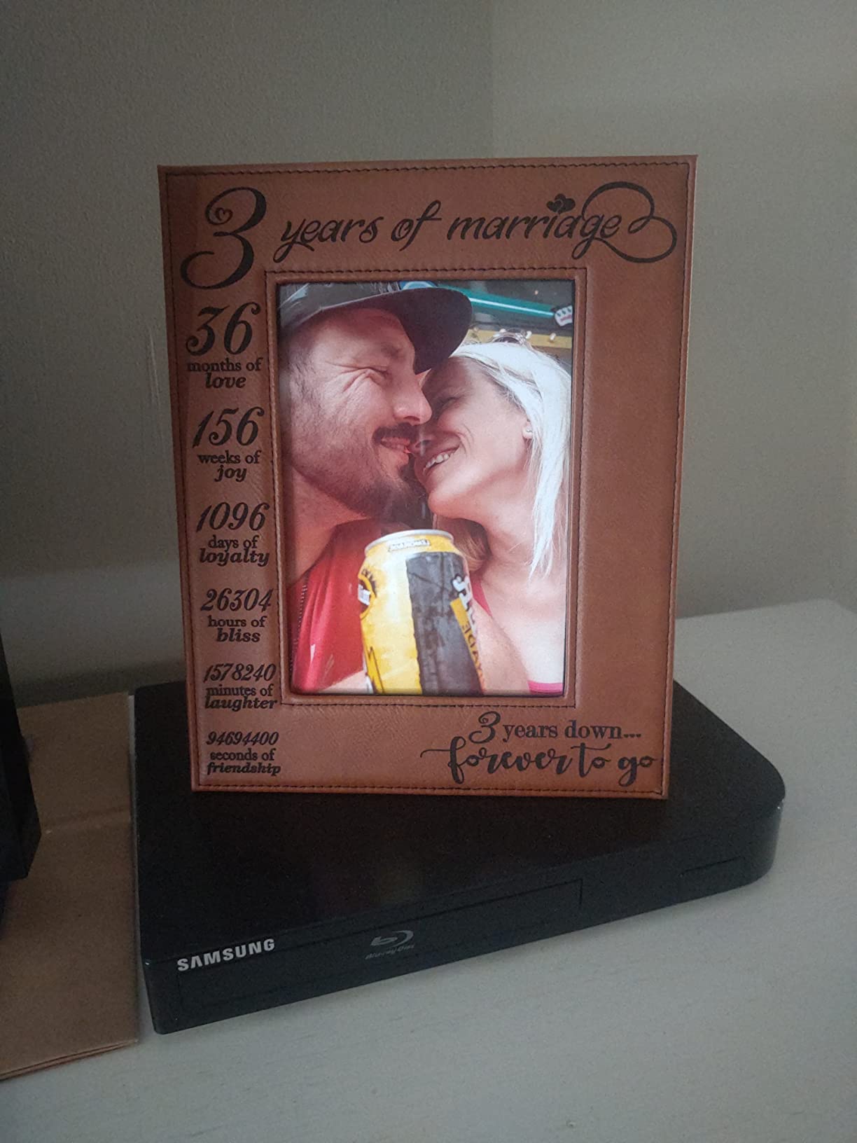 BELLA BUSTA- 3 Years of Marriage-3 years Down Forever to go-Engraved Leather Picture Frame (5 x 7 Vertical (Rawhide)) customer photo 2