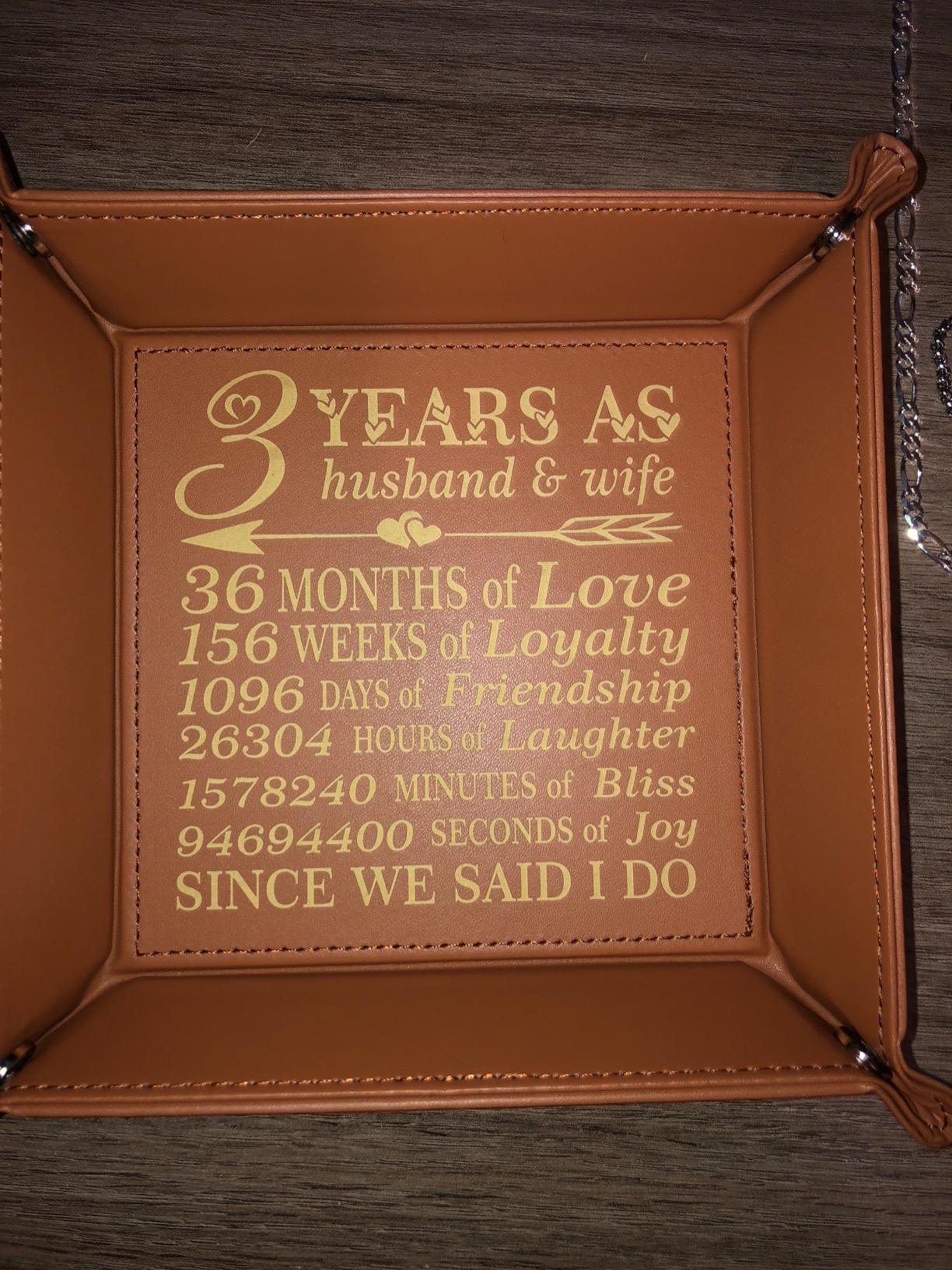Bella Busta-Personalize 3 Years as Husband and Wife Theme-Traditional 3th Anniversary Keepsake -Engraved Leather Tray Valet (Rawhide) customer photo 1