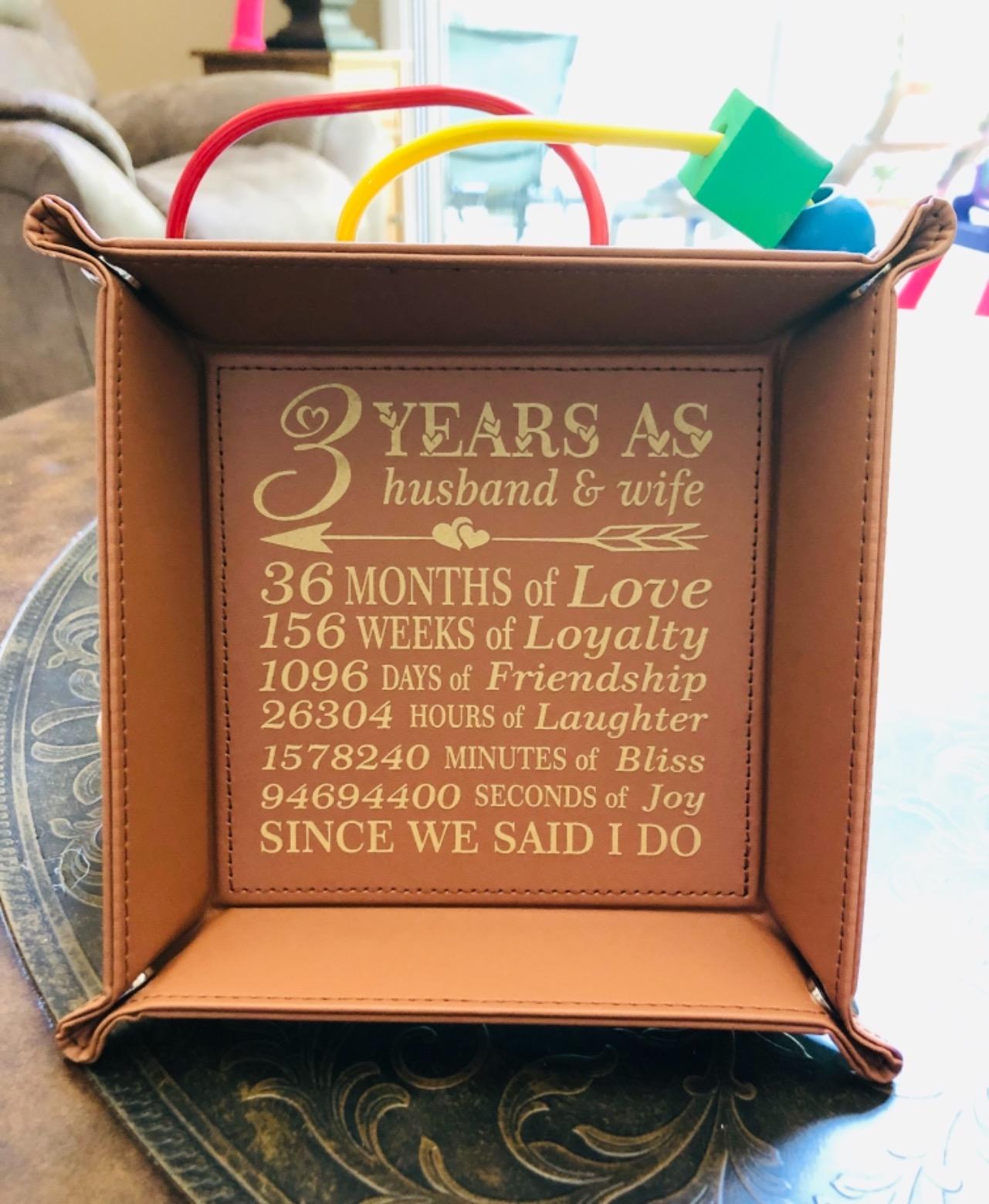 Bella Busta-Personalize 3 Years as Husband and Wife Theme-Traditional 3th Anniversary Keepsake -Engraved Leather Tray Valet (Rawhide) customer photo 2