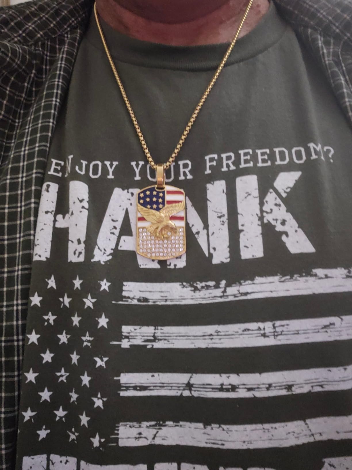 Men's 18k Gold Plated Stainless Steel 3D Eagle American Flag Dog Tag CZ Pendant Necklace customer photo 1