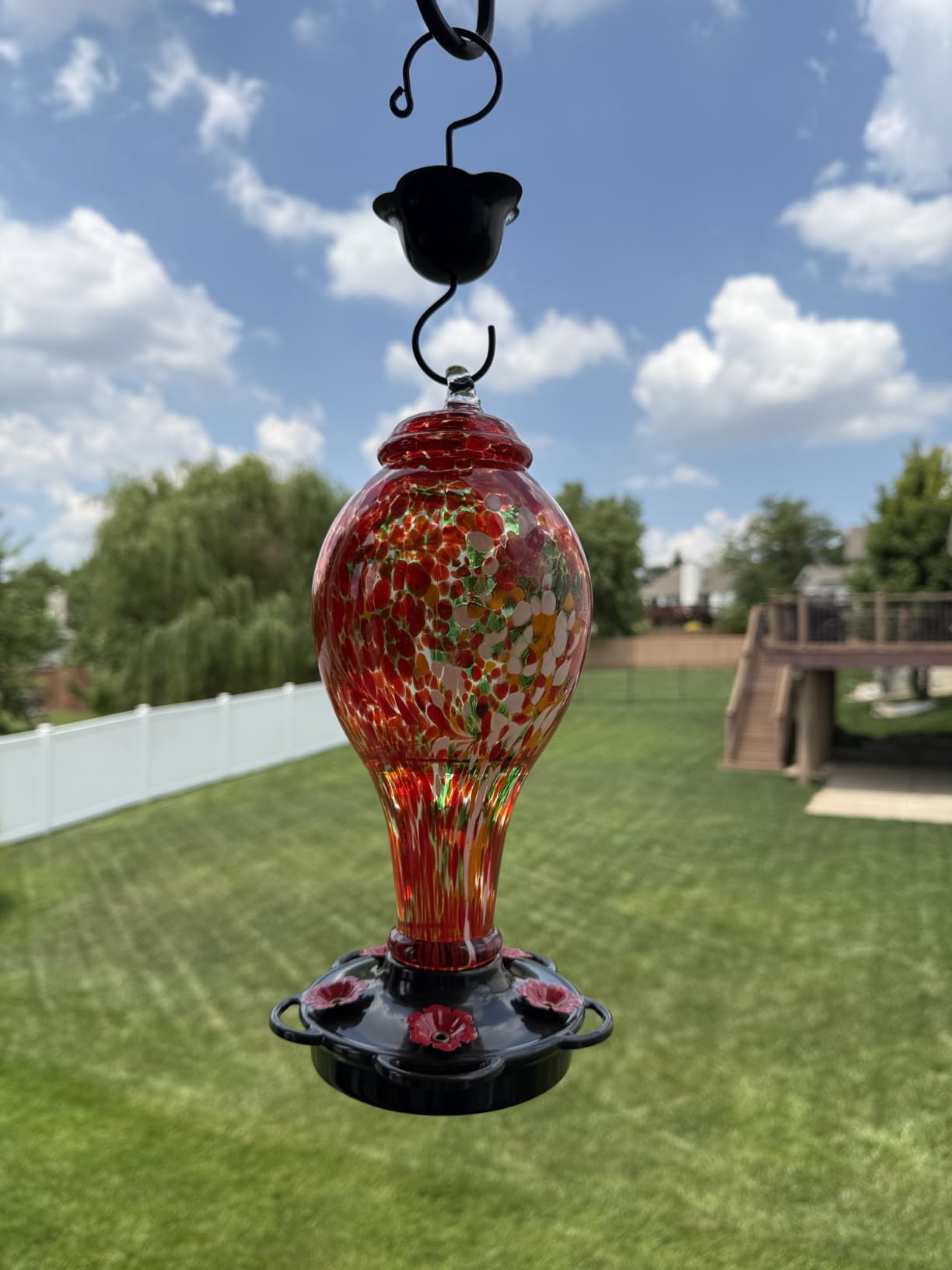 LUJII Hummingbird Feeder, Hand Blown Glass Hummingbird Feeder, Never Fade, 36 Fluid Ounces, 5 Feeding Metal Stations, Much Bigger, Garden Backyard Decorative, Containing Ant Moat (Blue) customer photo 1
