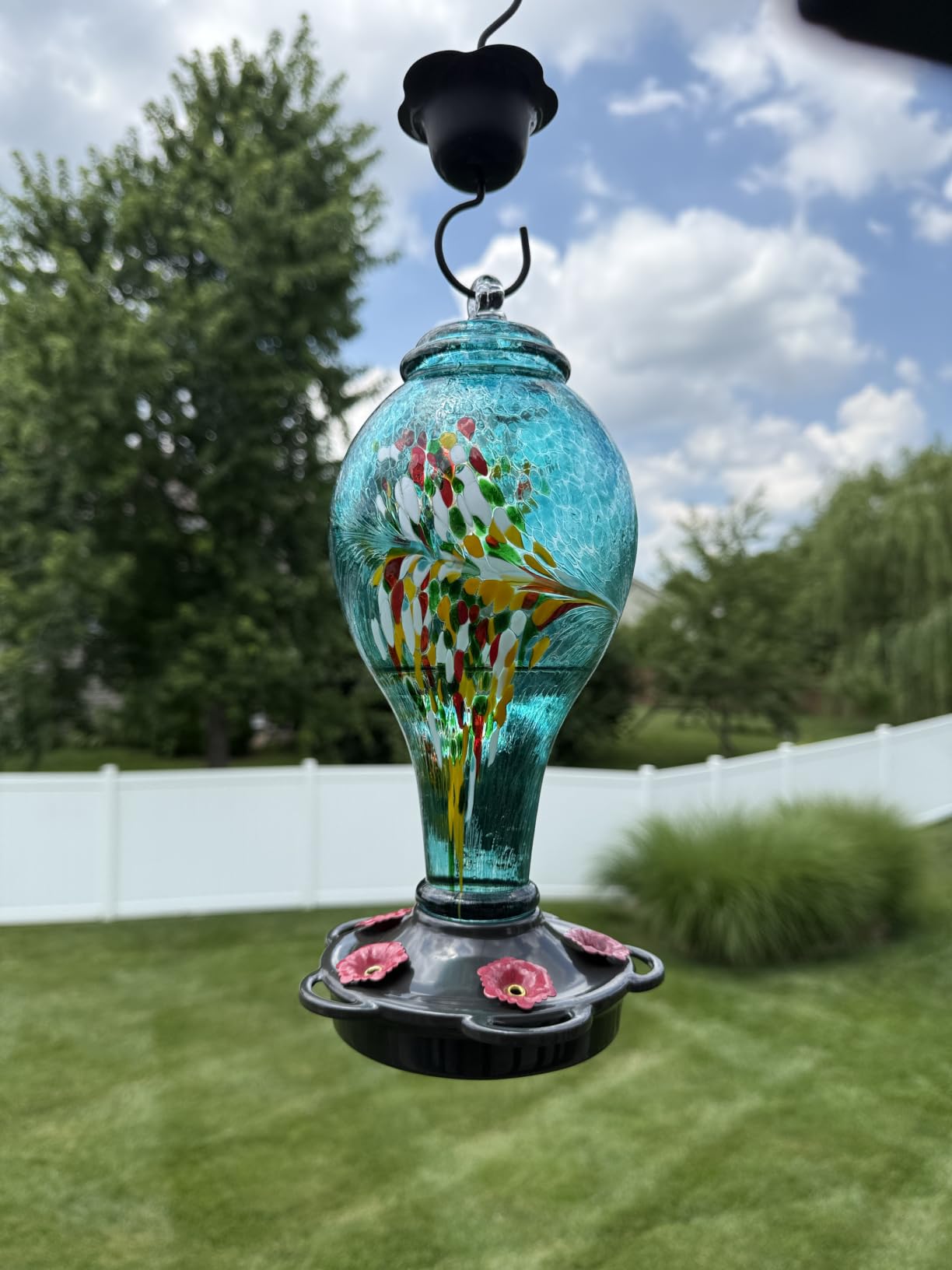 LUJII Hummingbird Feeder, Hand Blown Glass Hummingbird Feeder, Never Fade, 36 Fluid Ounces, 5 Feeding Metal Stations, Much Bigger, Garden Backyard Decorative, Containing Ant Moat (Blue) customer photo 2