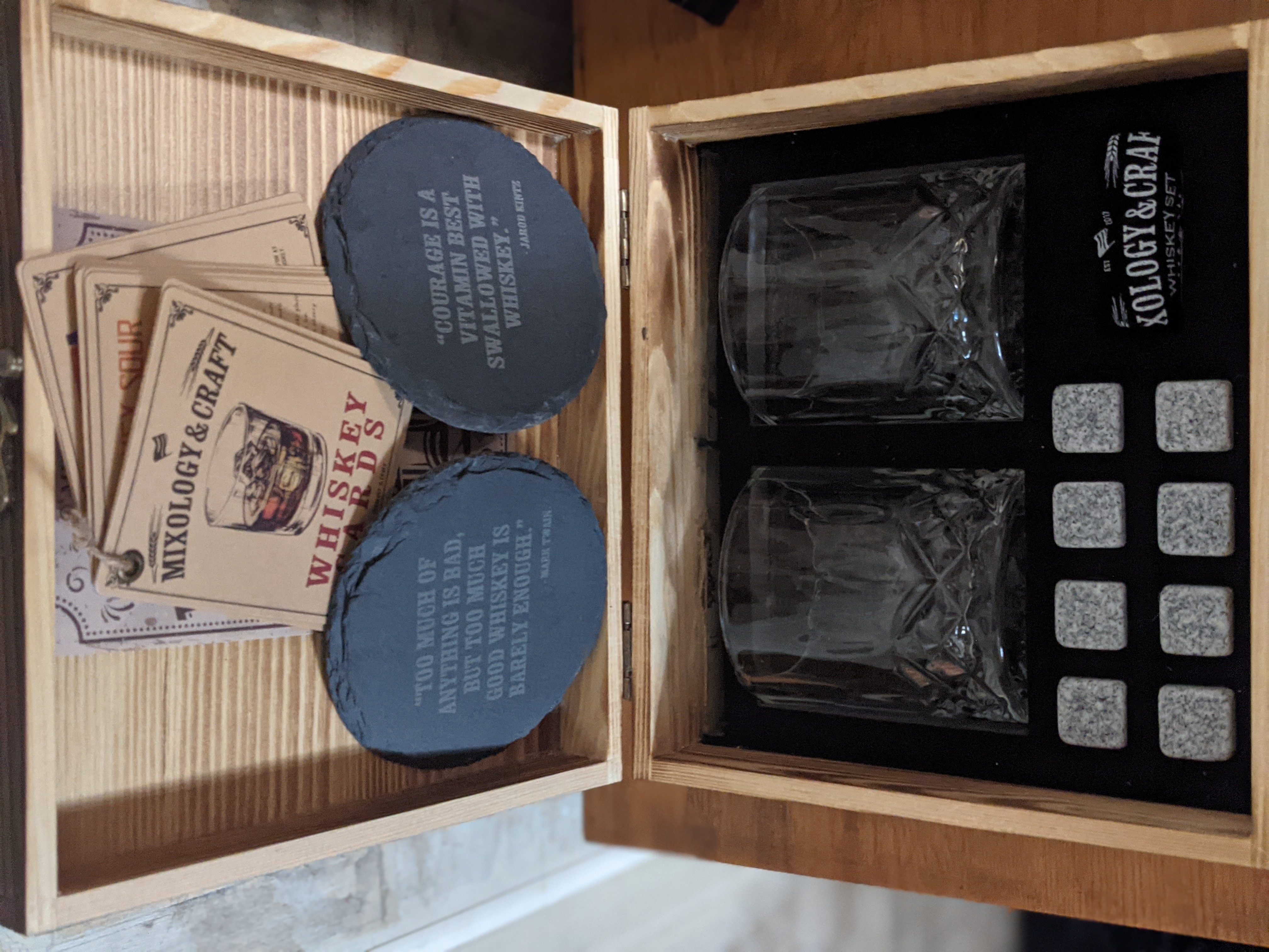 Mixology & Craft Whiskey Stones Gift Set: with Two 10oz Lead-Free Crystal Whiskey Glasses, 8 Whiskey Stones with Velvet Bag, 2 Slate Coasters & Recipe Cards in Wooden Crate | Great customer photo 1
