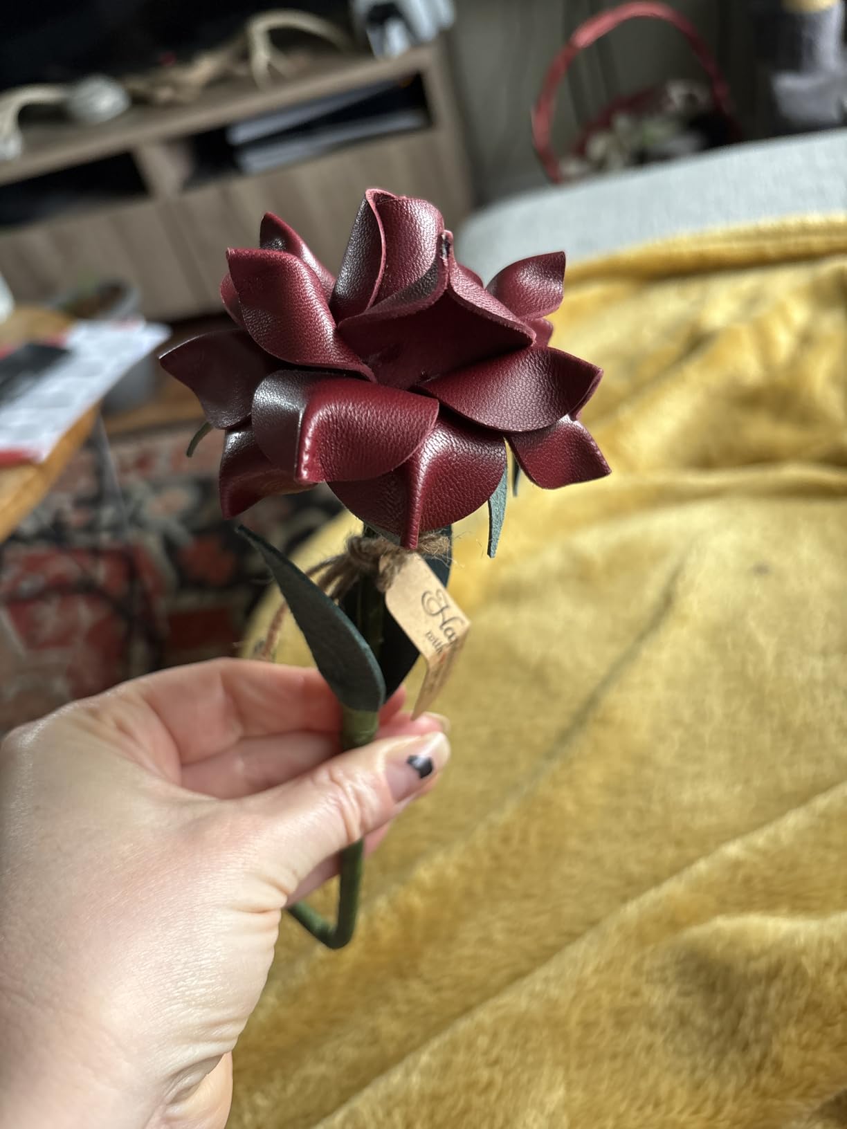 Camellia Bees Leather Anniversary Present for Her Him - Handmade Genuine Leather Rose Flower for 3rd Wedding Anniversary, 3 Year Gift Idea for Wife Girlfriend Husband, Valentines Day (Burgundy) customer photo 1
