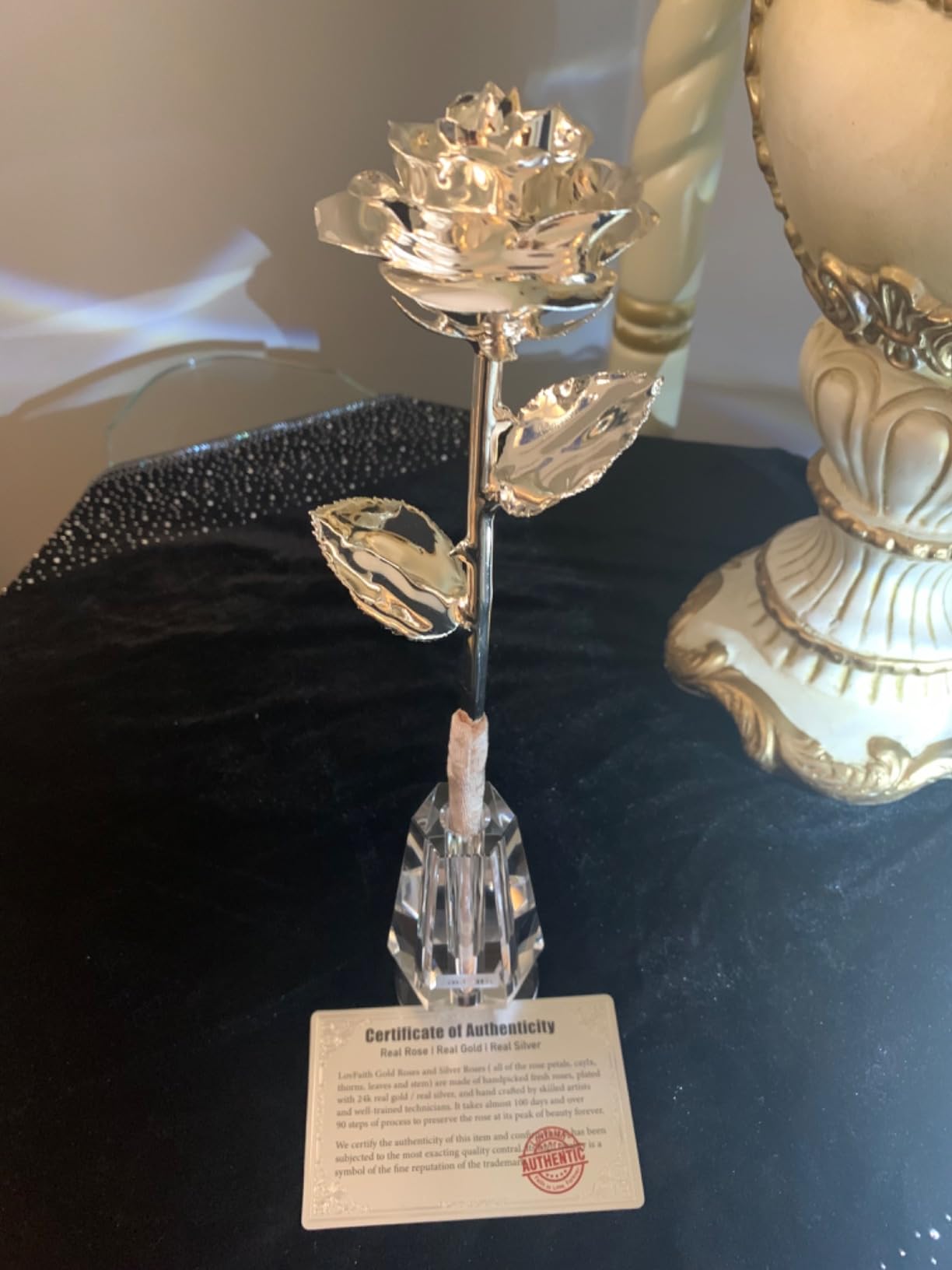 Thick Silver Dipped Rose with Crystal Vase, 25th | Top Quality for Top Beloved, Made of Blooming Real Rose, Thick Silver dipped, Crystal Vase More Stable customer photo 1