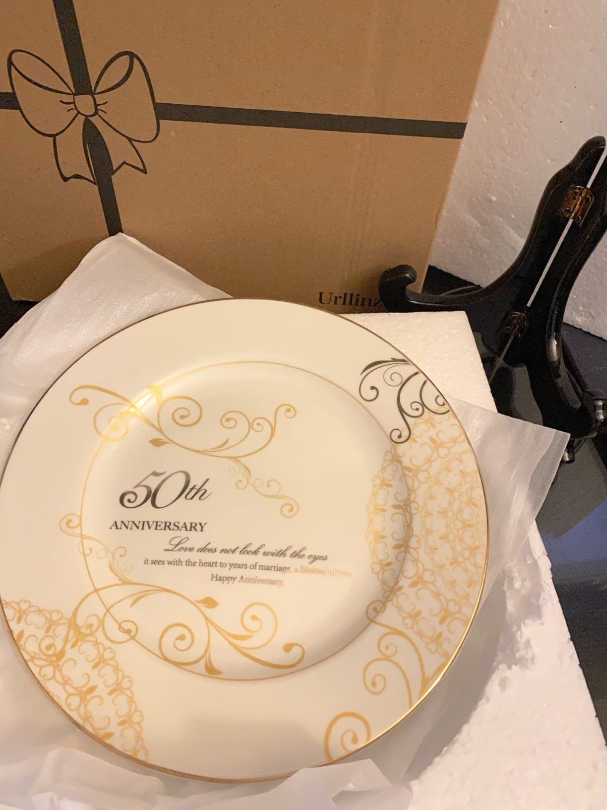 Urllinz 50th Anniversary Wedding Gifts for Couples Parents Grandparents- Golden Wedding Anniversary Keepsake Gift, 50 Year Marriage Plate with Stand, Ceramic with 24k Gold Foil, 9 inch customer photo 1