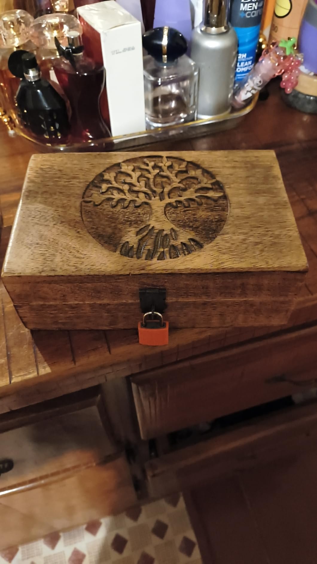 Samhita Handmade Mango Wood Tree of Life Engraving Beautifully Keepsake Box Jewellery Organiser Unique Gift Ideas for Men & Women (Flame Work Finish) customer photo 1