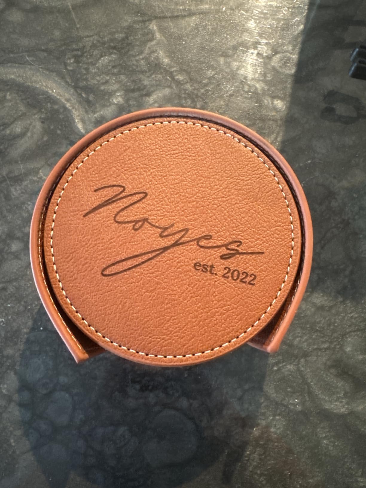 Set of 6 Engraved Leather Coasters with Holder Handmade in The USA - Custom Wedding Gifts, Housewarming Gift customer photo 1