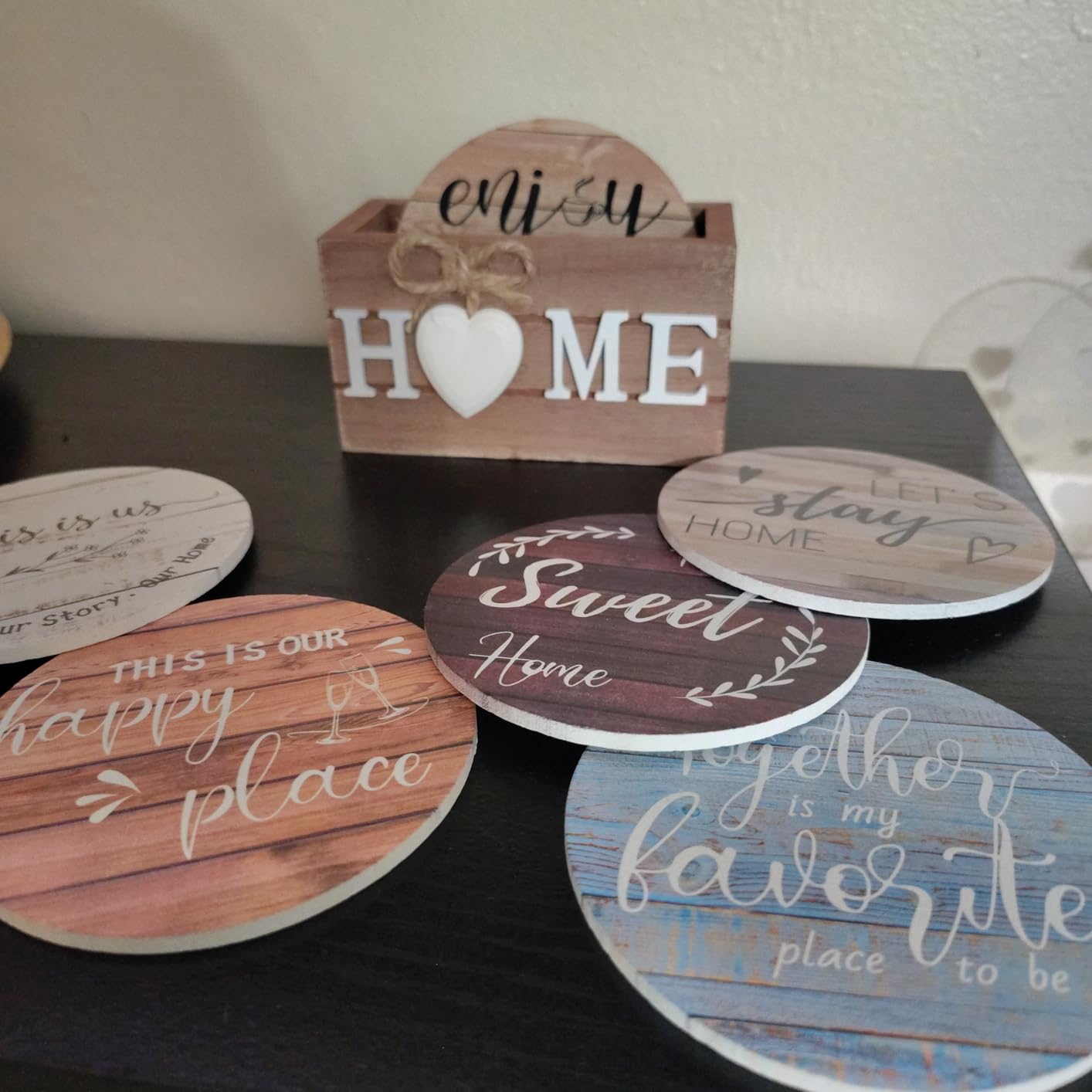 Queekay House Warming Gifts New Home Farmhouse Coasters Set of 6, Mixed | Wooden Coasters for Drink with Holder, 4'', Funny Home Decoration for Family Coffee Bar Table Protection, New Home Gift Ideas customer photo 2