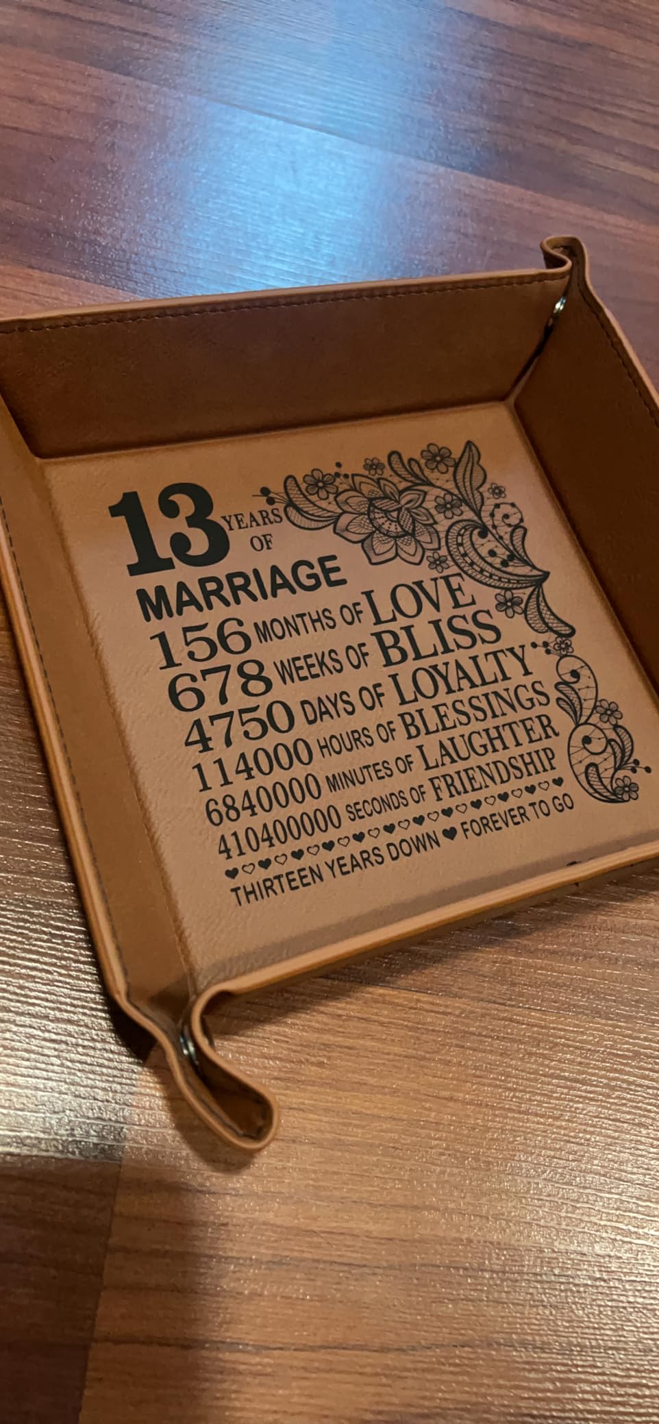 13 Years Anniversary Engraved Leather Tray, Traditional Lace Anniversary, 13 Years Together as Husband and Wife, Boyfriend and Girfriend. Couples Gifts. customer photo 1