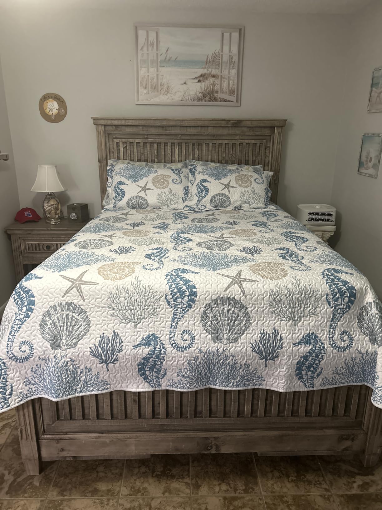 Nautical Queen Quilt Set, Coastal Seahorse Bedding, 3 Piece, 90