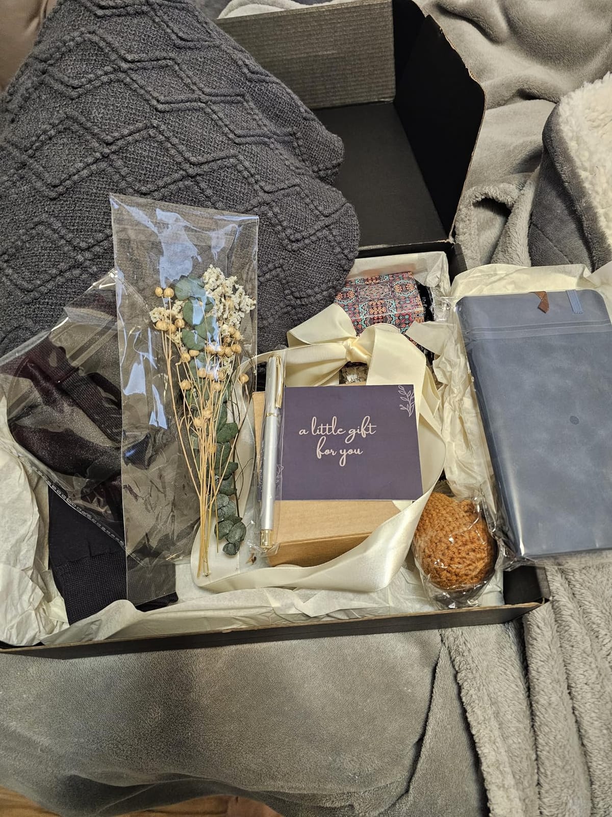 Thoughtful Comfort Care Package for Men & Women - Grey & Navy Gift Box with Knitted Blanket, Ceramic Mug & Positive Potato - Versatile Thinking of You or Birthday Gift customer photo 1