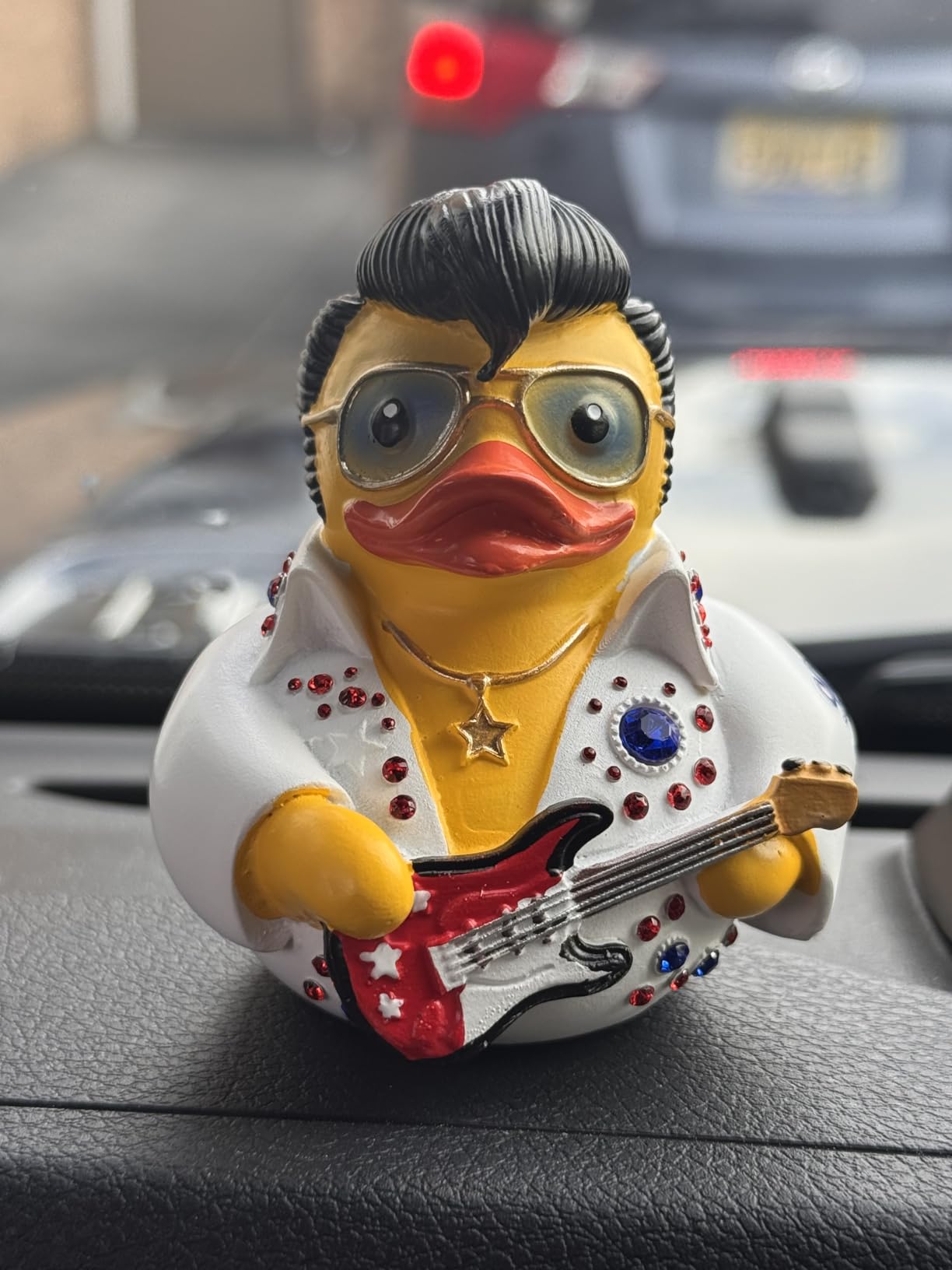 Elvis Duck Figurine, White Jumpsuit Design with Rhinestones, Decorative Collectible, 3.14 x 3.14 x 2.75 inches customer photo 1