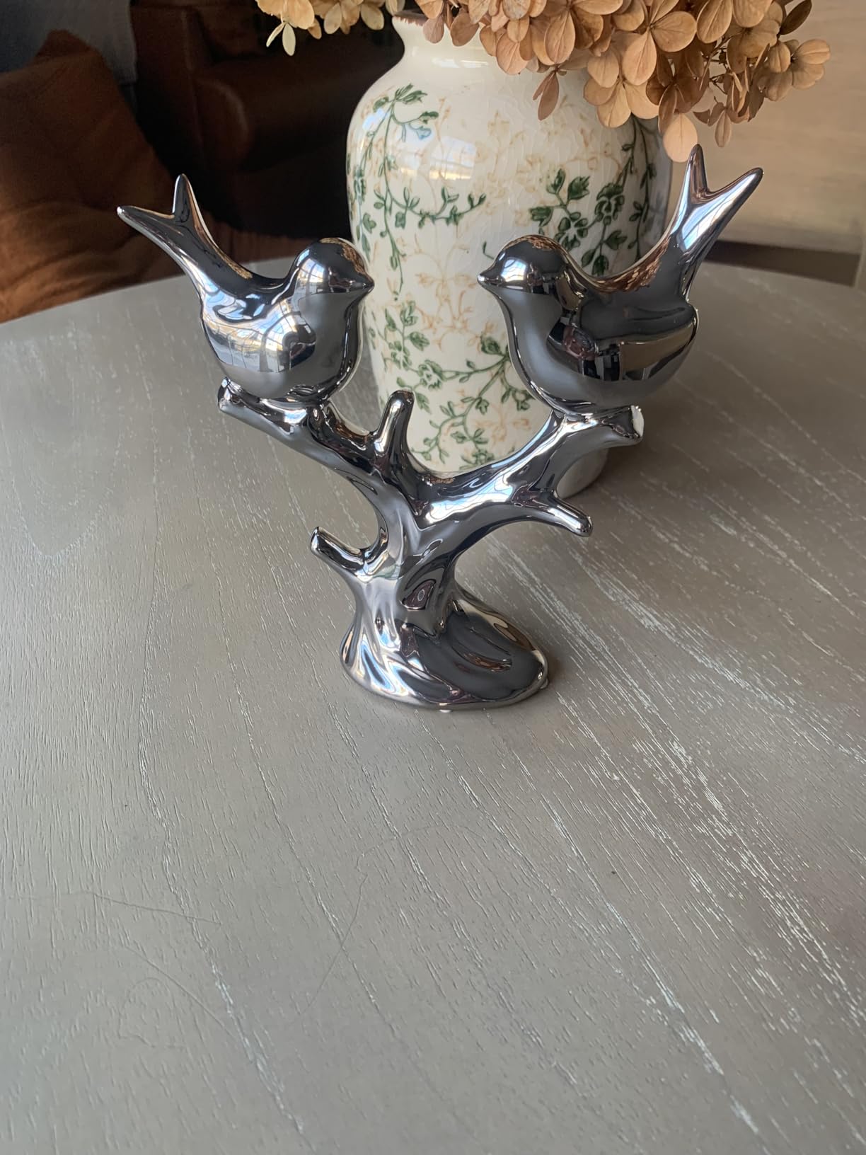 Silver Ceramic Bird Statue, Mirror Chrome Finish, Two Lovebirds on Branch, 7-Inch Mantel & Bookshelf Decor, Modern Home Sculpture, Housewarming Wedding customer photo 1